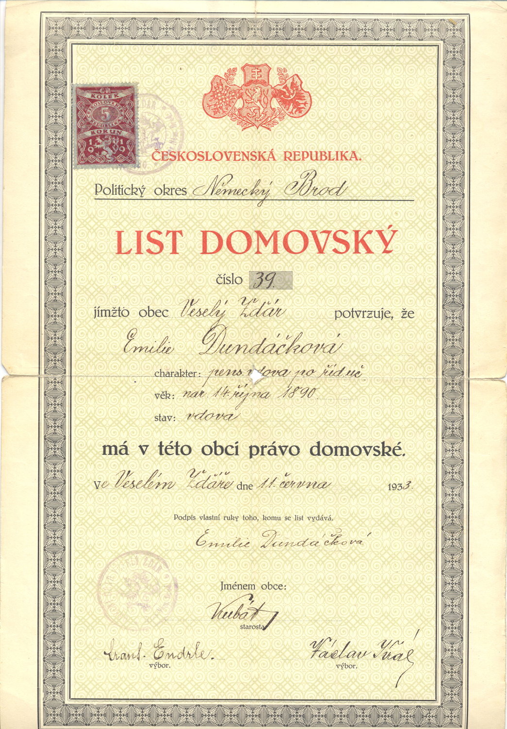 Domovský list Emilie Dundáčkové z r.č 1933, vdovy po J.Dundáčkovi