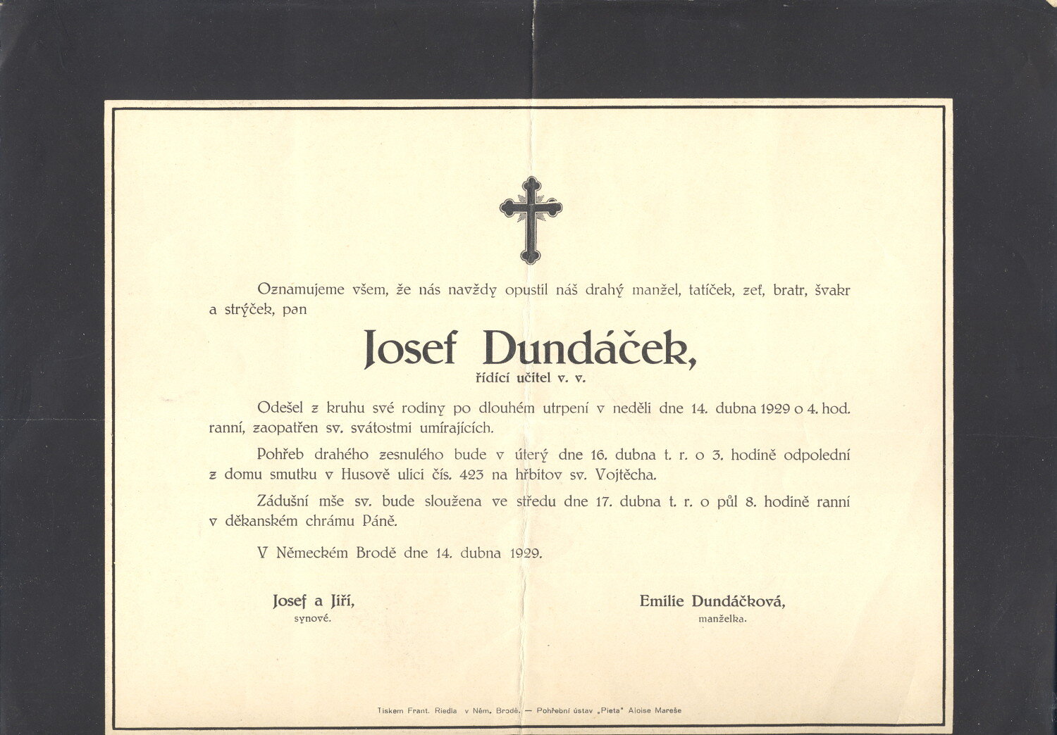 Úmrtní list Josefa Dundáčka – 14.4.1929